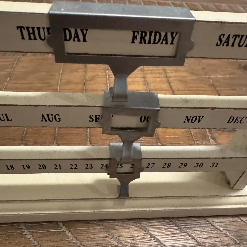 Rustic Wood Perpetual Calendar Farmhouse Sliding Metal Marker Desk Tabletop